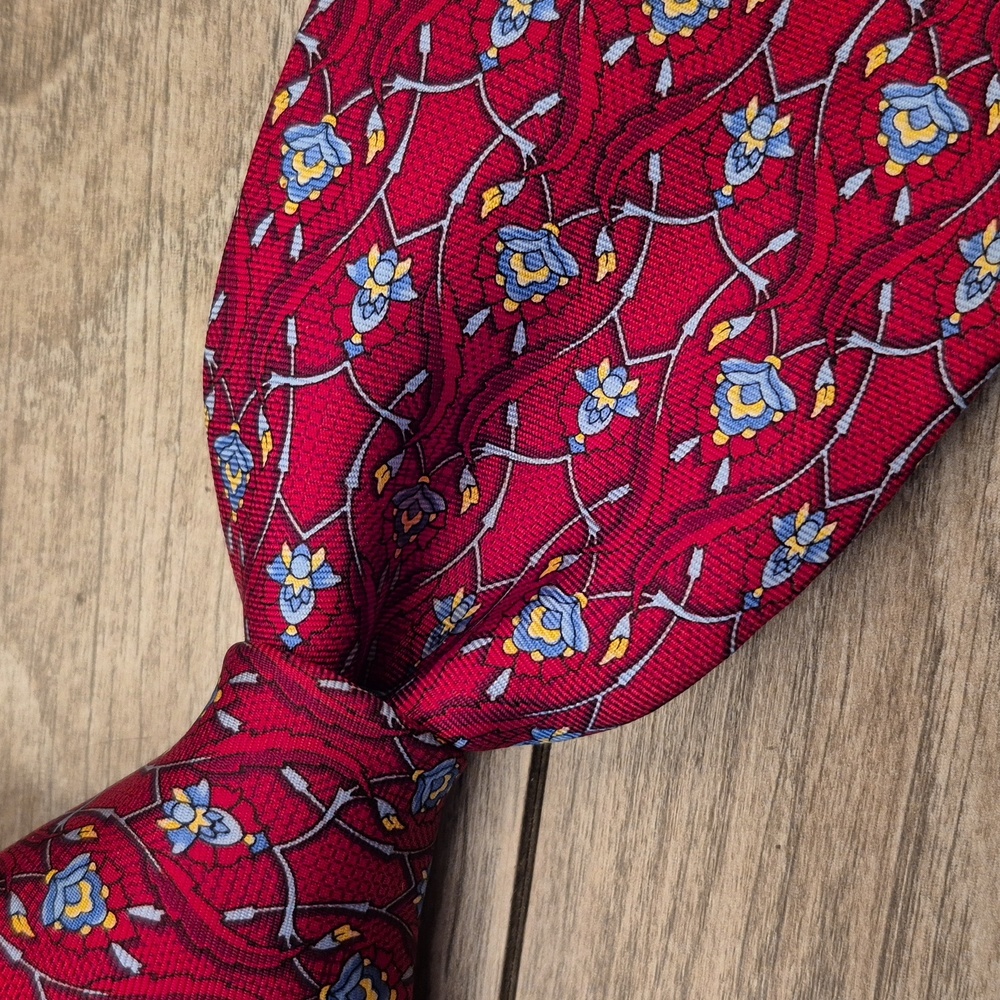 BALMAIN Paris Dark Red Blue Abstract Floral France‎ Mens Silk Tie VTG